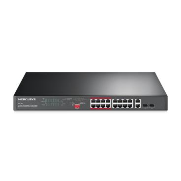 Mercusys MS118CP - Switch Formato Sobremesa, 18 puertos (16x 10/100Mbps PoE+ y 2x Gbe), Carcasa Metal, Capacidad PoE 190W